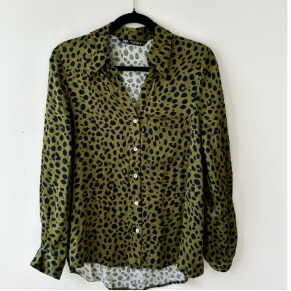 ZARA Green and Black Animal Print Long Sleeve Button Down